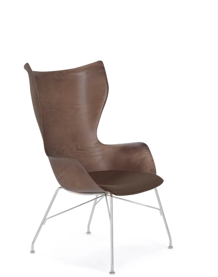 Clearance Kartell K/wood slatted ash/leather seat BOIS FONCÉ/CHROME